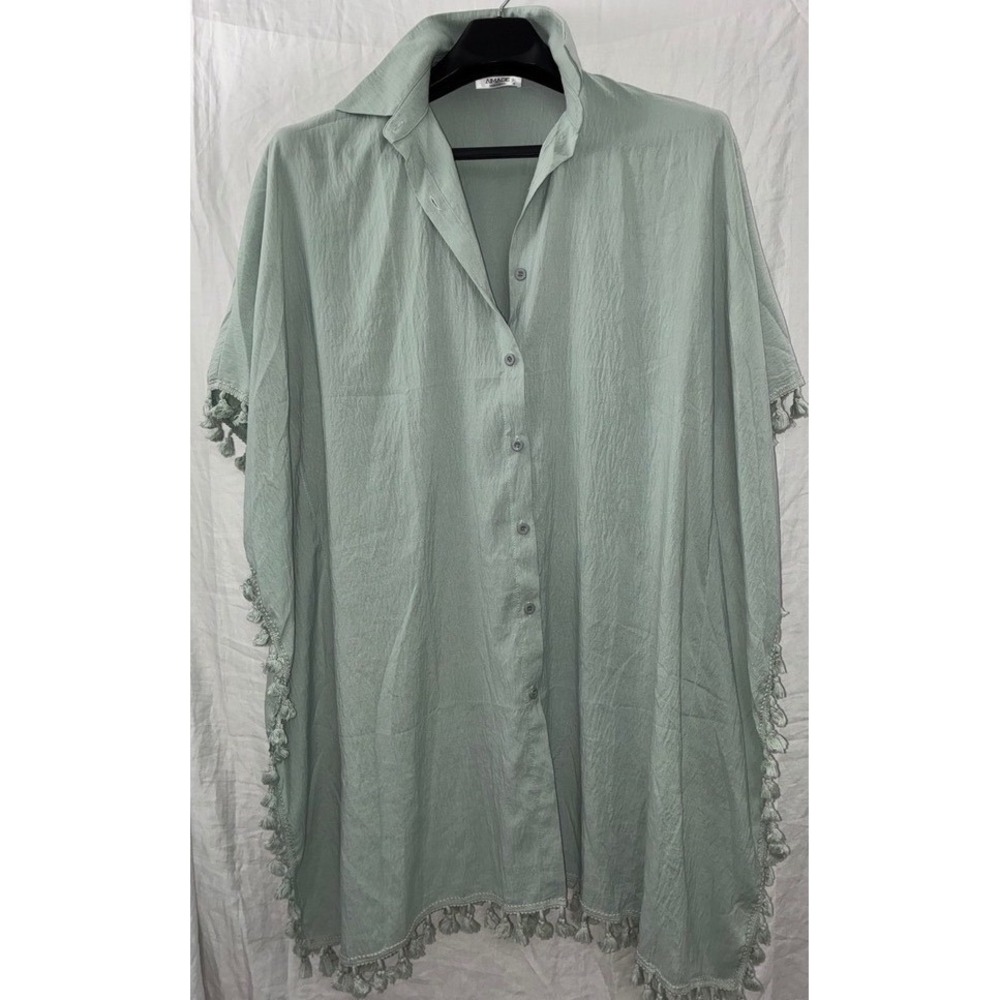Aimage Button Front Cover Up Womens M Green Tassel Trim Oversized Beachwear Vaca